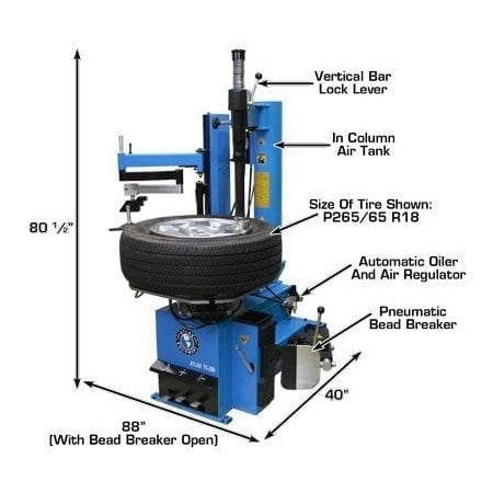 The Atlas TC289LH tire changer with a tire mounted, showing its dimensions of 80 1/4" tall and 40" wide, with the bead breaker open at 88", and key components labeled.