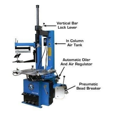The blue Atlas TC289LH tire changer with key parts labeled, including the vertical bar lock lever, in-column air tank, automatic oiler, air regulator, and pneumatic bead breaker.