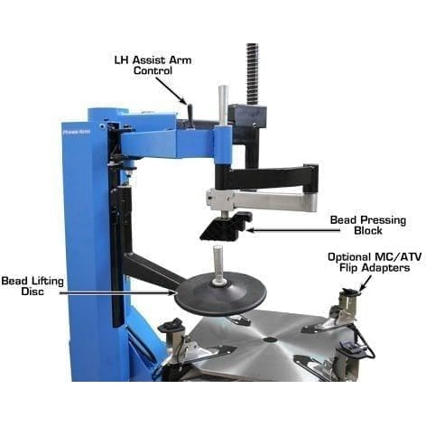 A detailed view of the Atlas TC289LH tire changer's assist arm, showing the LH assist arm control, bead pressing block, and bead lifting disc, with optional MC/ATV flip adapters mentioned.