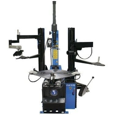A full view of the Atlas TC755DAA Tilt-Back Tire Changer, a black and blue machine with dual assist arms.