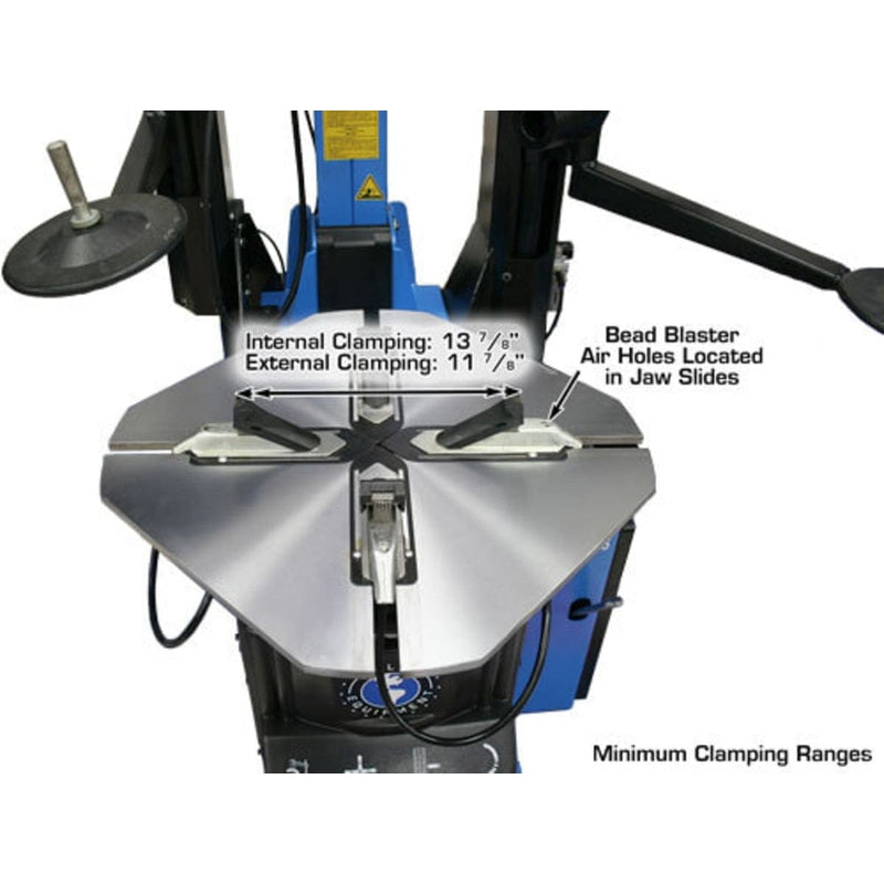A close-up overhead view of the Atlas TC755DAA's turntable, showing the minimum internal clamping range of 13 7/8" and external clamping range of 11 7/8". The Bead Blaster Air Holes are also labeled.