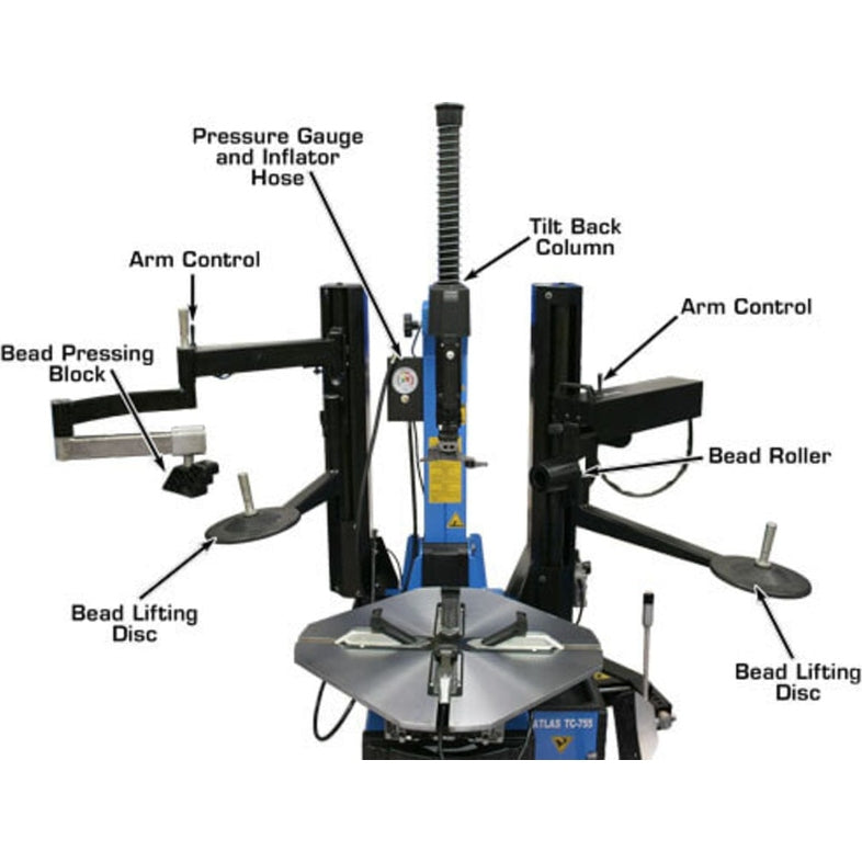 The Atlas TC755DAA Tilt-Back Tire Changer shown with its dual assist arms, bead pressing block, bead lifting disc, and bead roller all labeled.