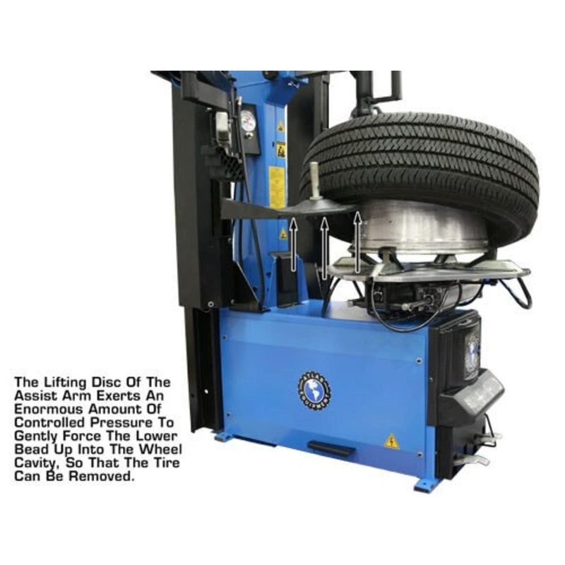 A tire mounted on the Atlas TC755DAA. This view labels the lifting disc of the assist arm and explains that it applies controlled pressure to force the lower bead off the wheel.
