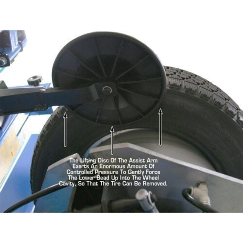 A close-up of the lifting disc of the Atlas TC755DAA's assist arm, labeling the pressure exerted to force the tire's lower bead off the wheel.