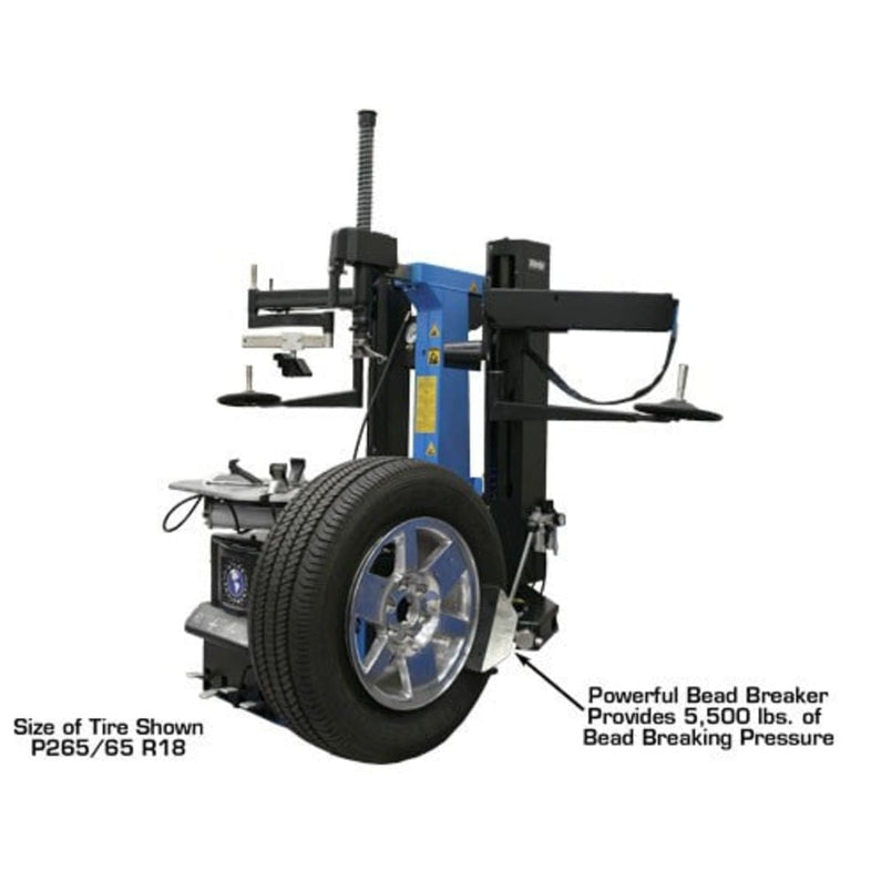 The Atlas TC755DAA Tire Changer with a tire mounted. This view labels the Powerful Bead Breaker providing 5,500 lbs. of bead breaking pressure and the tire size shown as P265/65 R18.
