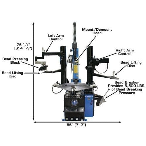 A front view of the Atlas TC755DAA Tilt-Back Tire Changer, labeled with its height of 76 1/2", width of 88", and features like the Dual Assist Arms and Powerful Bead Breaker.