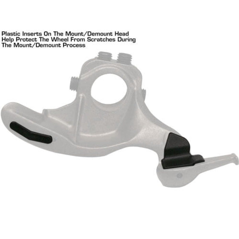 The replacement plastic inserts for the Mount/Demount head on the Atlas TC755DAA, with overlay text explaining that they protect the wheel from scratches during the mounting and demounting processes.