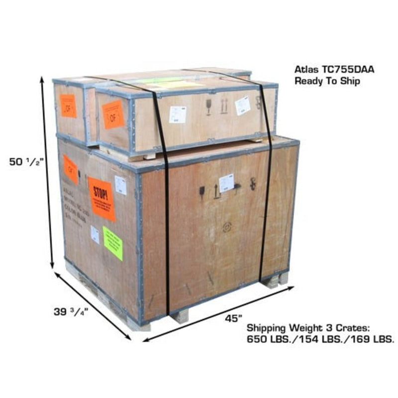 The Atlas TC755DAA Tire Changer packaged for shipping, with three wooden crates labeled with its 50 1/2" height, 39 3/4" width, 45" length, and 650 lbs. shipping weight.