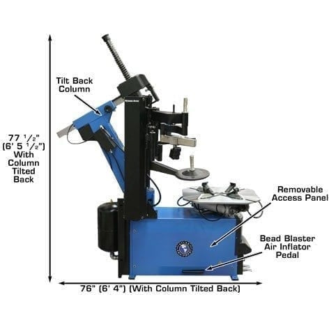 A side view of the Atlas TC755DAA Tilt-Back Tire Changer. The unit's height of 77 1/4" and width of 76" with the Tilt Back Column are labeled, along with a Removable Access Panel and the Bead Blaster Air Inflator Pedal.