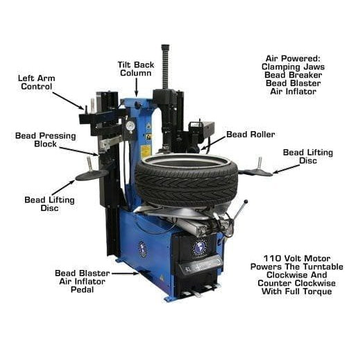 The Atlas TC755DAA Tire Changer with a tire mounted. This view highlights the Left Arm Control, Bead Pressing Block, Bead Lifting Disc, and the unit's 110 Volt Motor.