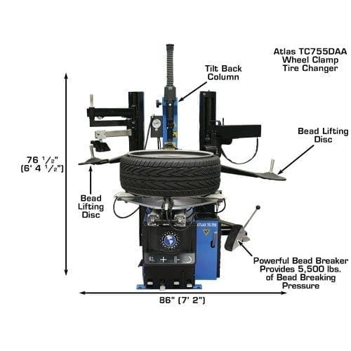 A tire mounted on the Atlas TC755DAA Tilt-Back Tire Changer, labeled with a height of 76 1/2" and width of 88". The image also labels the Tilt Back Column, Bead Lifting Disc, and the Powerful Bead Breaker with 5,500 lbs. of breaking pressure.