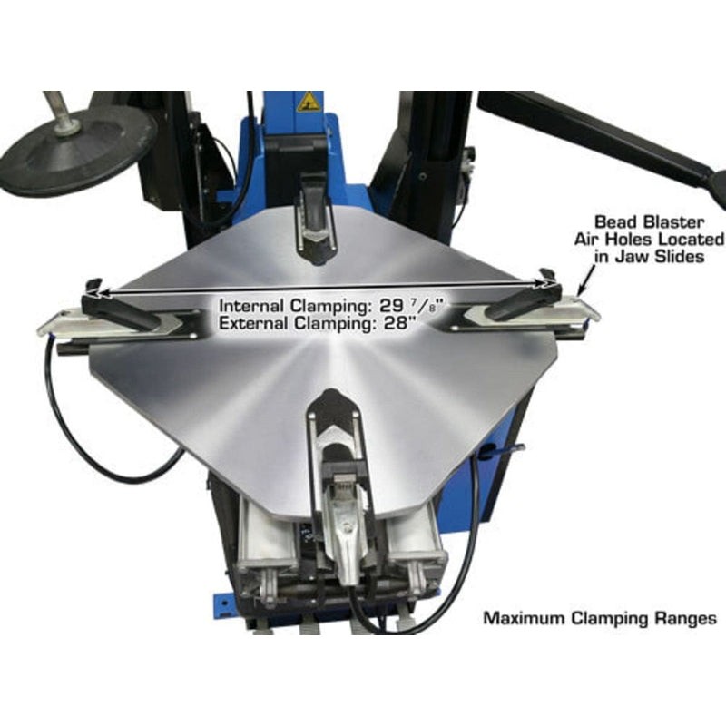 A close-up overhead view of the Atlas TC755DAA's turntable, showing the maximum internal clamping range of 29 7/8" and external clamping range of 28". The Bead Blaster Air Holes are also labeled.