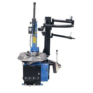 A full side view of the blue and black Atlas TC755EZ tilt-back rim clamp tire changer, ready for use.