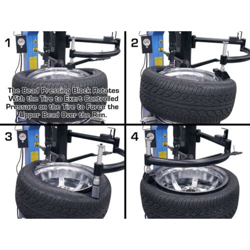 A four-panel instructional guide for the Atlas TC755EZ, demonstrating how the bead pressing block rotates with the tire to force the upper bead over the rim.