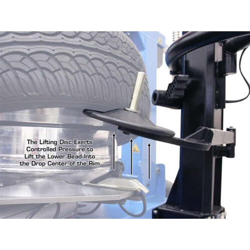 A close-up of the lifting disc on the Atlas TC755EZ, with text explaining it applies controlled pressure to lift the lower bead into the drop center of the rim.