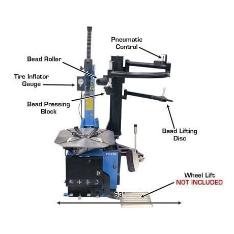 A detailed side diagram of the Atlas TC755EZ, labeling the bead roller, tire inflator gauge, pneumatic controls, bead lift