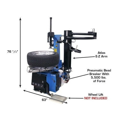 A side view of the Atlas TC755EZ tire changer with a tire mounted, highlighting the Atlas E-Z Arm and the pneumatic bead breaker with 5,500 lbs of force. The overall dimensions are labeled as 76 1/2" high and 63" wide, with a note that the wheel lift is not included.