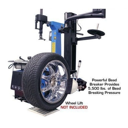The Atlas TC755EZ with a large chrome rim and tire mounted, highlighting the powerful bead breaker that provides 5,500 lbs of bead breaking pressure. A note indicates the wheel lift is not included.