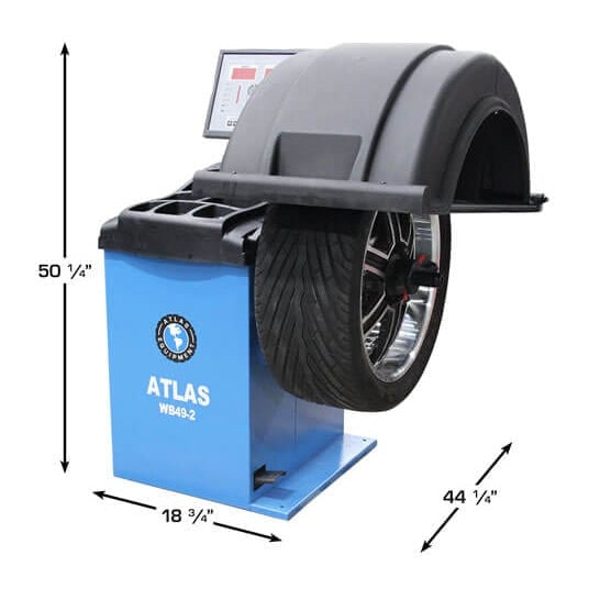 Atlas WB49-2 Wheel Balancer shown from the side with a tire mounted. The image labels its 50 1/4" height, 18 3/4" depth, and 44 1/4" width.