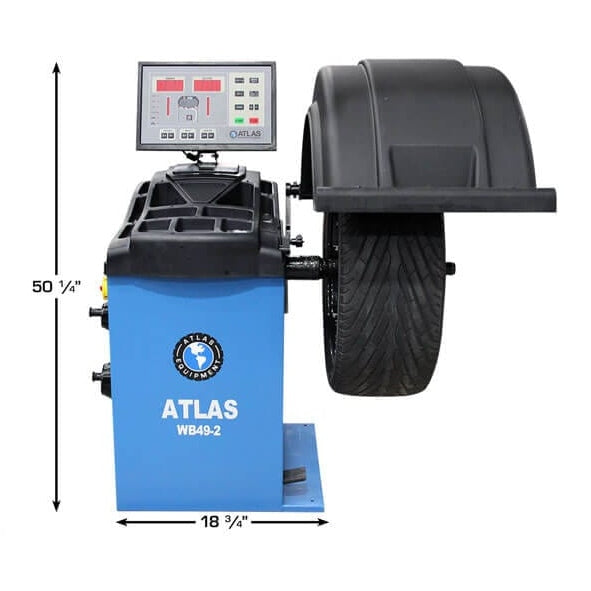 A front view of the Atlas WB49-2 Wheel Balancer with a tire mounted. The image labels its 50 1/4" height and 18 3/4" depth.