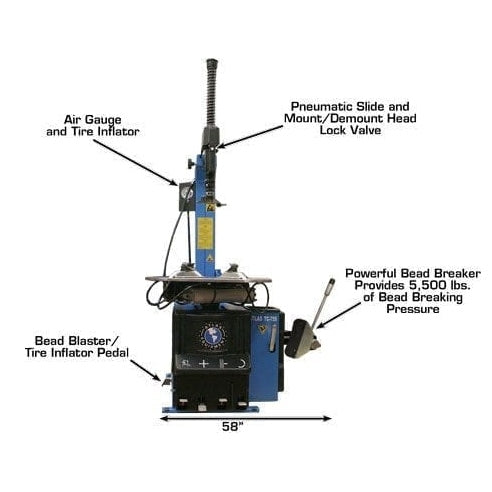The Atlas TC755DAA Tire Changer, labeled with its dimensions, a Powerful Bead Breaker with 5,500 lbs. of force, and a Bead Blaster/Tire Inflator pedal.