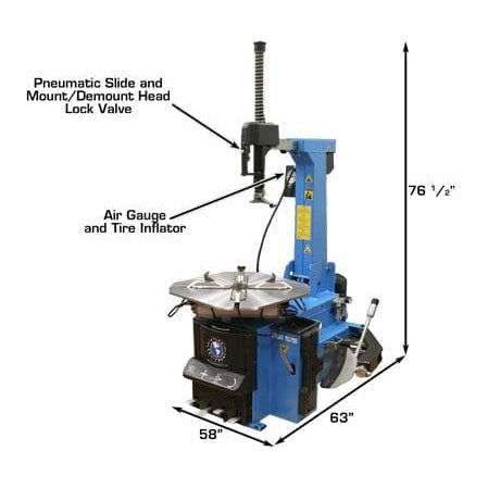 Atlas TC755DAA Tire Changer with a black and blue body. The image labels its 76 1/2" height, 58" depth, 63" width, and features like the Air Gauge, Tire Inflator, and Pneumatic Slide.