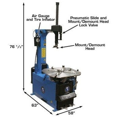 Atlas TC755DAA Tire Changer with a black and blue body, labeled with its dimensions and features like the Air Gauge, Tire Inflator, Pneumatic Slide, and Mount/Demount Head.