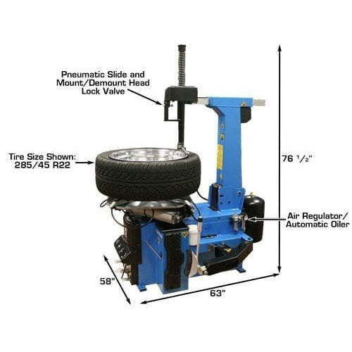 An Atlas TC755DAA Tire Changer with a tire mounted on its turntable. The image labels the unit's height at 76 1/2", depth at 58", width at 63", and includes a label for the Air Regulator and Automatic Oiler.
