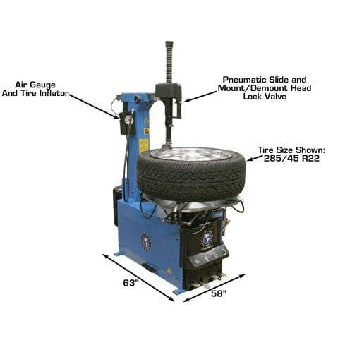 An Atlas TC755DAA Tire Changer with a large tire mounted, showing its 76 1/2" height, 58" depth, and 63" width, as well as the tire's size, 255/45 R22.