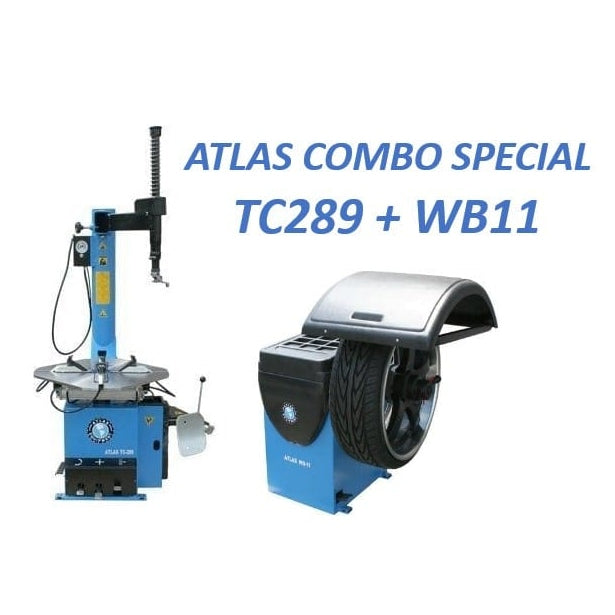 Atlas TC289 Tire Changer and WB11 Wheel Balancer Combo, both in blue and gray, displayed side-by-side with the product name in blue overlay text.
