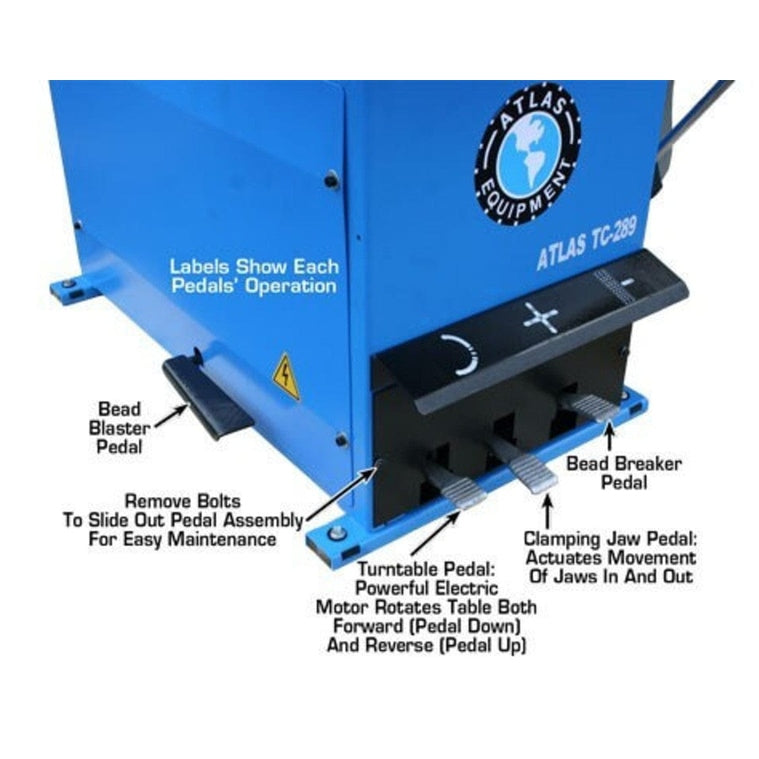 A close-up of the foot pedals on the Atlas TC289 tire changer, with labels indicating the functions of the Bead Blaster, Clamping Jaw, and Turntable pedals.