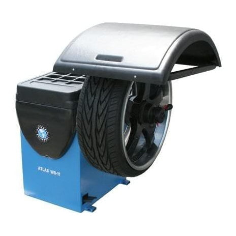 A side view of the Atlas WB11 Wheel Balancer, featuring its blue and black design with a tire mounted for balancing.