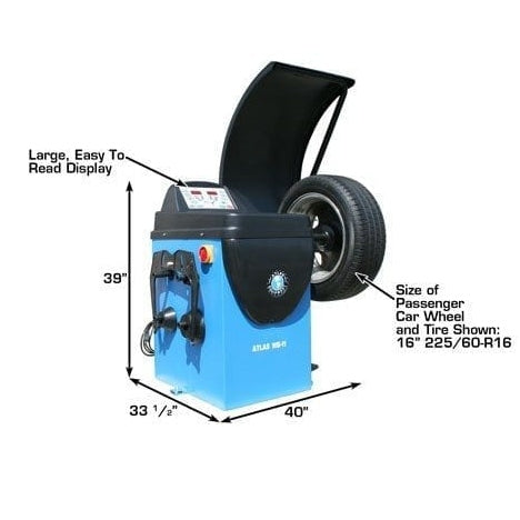 A side view of the Atlas WB11 Wheel Balancer, with a mounted passenger car tire, showing dimensions of 39 inches high and 40 inches wide, and an overlay text pointing to the Large, Easy to Read Display.