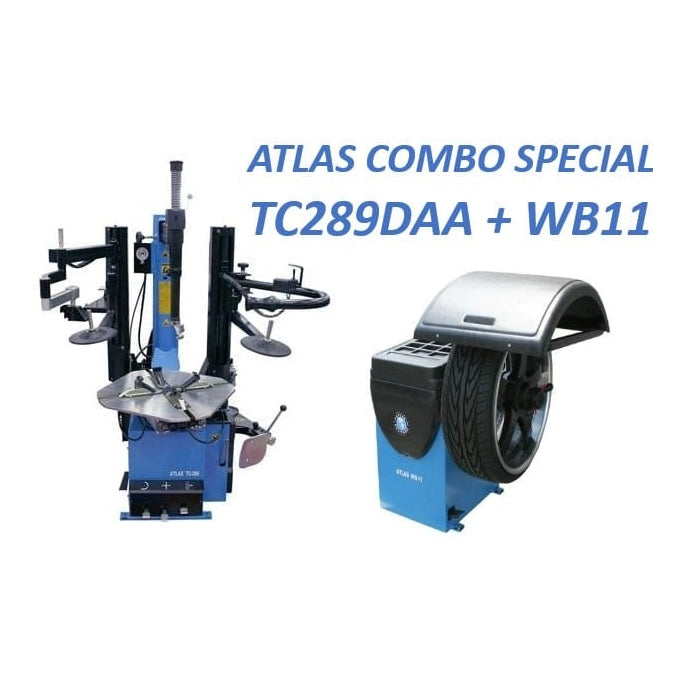 An Atlas TC289DAA Tire Changer and an Atlas WB11 Wheel Balancer shown together with the text "ATLAS COMBO SPECIAL TC289DAA + WB11".