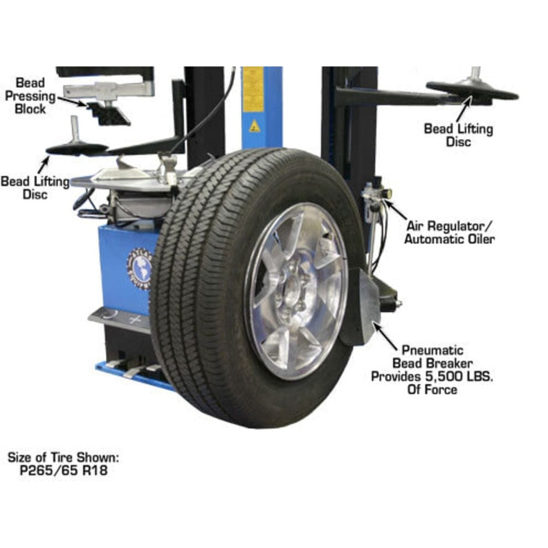 The Atlas TC289DAA tire changer with a P265/65 R18 car wheel mounted, with labels pointing to the Bead Pressing Block, Bead Lifting Disc, and the Pneumatic Bead Breaker.