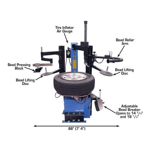 A blue Atlas TC289DAA tire changer with Dual Assist Arms and a mounted tire, with dimensions of 88" wide and 7'4" high, highlighting the tire inflator air gauge and bead roller arm.