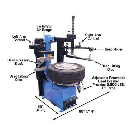A blue Atlas TC289DAA tire changer with a tire mounted on its turntable, with dimensions of 55" deep and 88" wide, highlighting the adjustable pneumatic bead breaker.