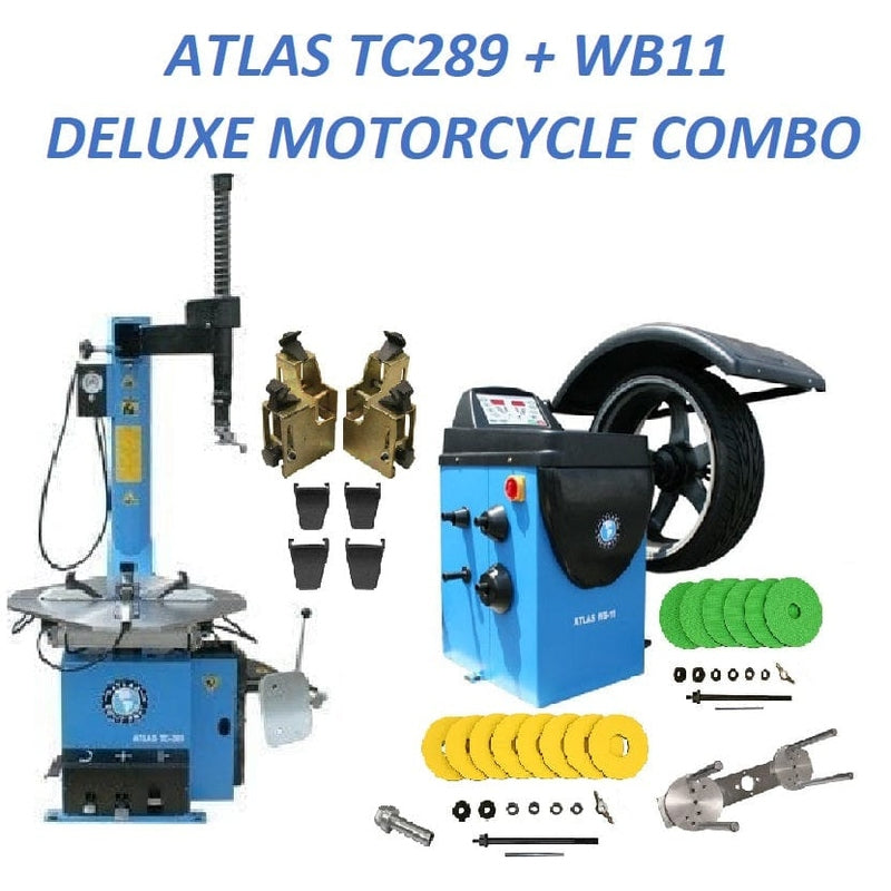 A front view of the Atlas TC289 Tire Changer & WB11 Deluxe Motorcycle Combo, showcasing the tire changer, the wheel balancer, and included accessories, with the product name in overlay text.