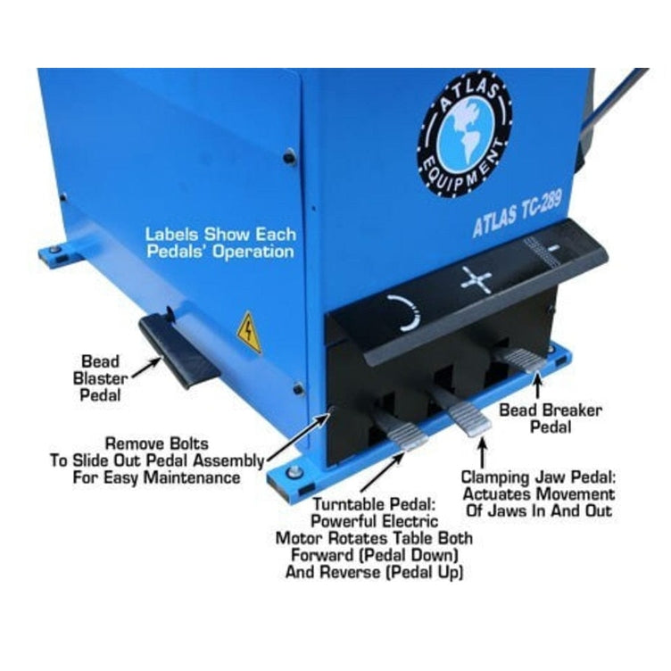 A detailed view of the Atlas® TC289 tire changer's foot pedals, showing the labels for the bead blaster, bead breaker, turntable motor, and clamping jaw pedals.
