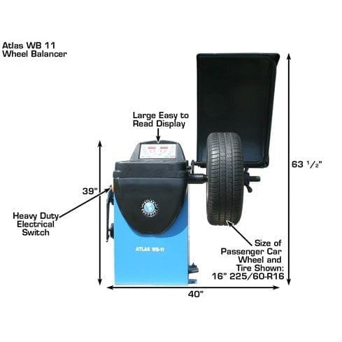 A three-quarter view of the Atlas® WB11 wheel balancer, with a car tire mounted, showing its dimensions and the location of the heavy-duty electrical switch.