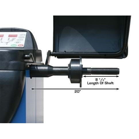 A diagram of the Atlas® WB11 wheel balancer's 40mm shaft, labeled with its 8 1/2" shaft length and 20" measurement from the machine face.