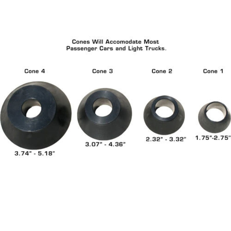 A diagram showing four different sizes of black centering cones included with the Atlas® WB11 wheel balancer, labeled Cone 1 through Cone 4, with their respective inch ranges.