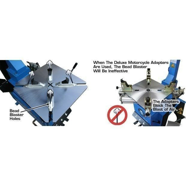 A comparison diagram of the Atlas® TC289 tire changer, showing that the bead blaster is not effective when the Deluxe Motorcycle Adapters are used.