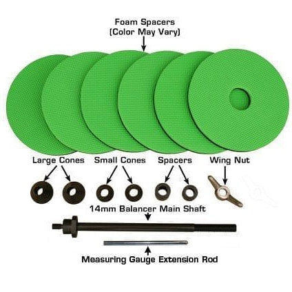 A diagram of the 14mm balancer main shaft from the Atlas® WB11 wheel balancer, with a measuring gauge extension rod, wing nut, and green foam spacers labeled.