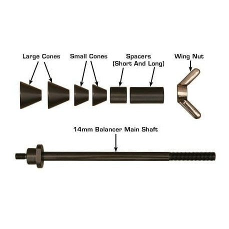 A diagram of the 14mm balancer main shaft from the Atlas® WB11 wheel balancer, with a wing nut, large cones, small cones, and spacers labeled.