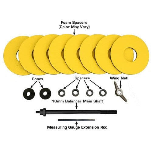 A diagram of the 19mm balancer main shaft from the Atlas® WB11 wheel balancer, with a measuring gauge extension rod, wing nut, and yellow foam spacers labeled.