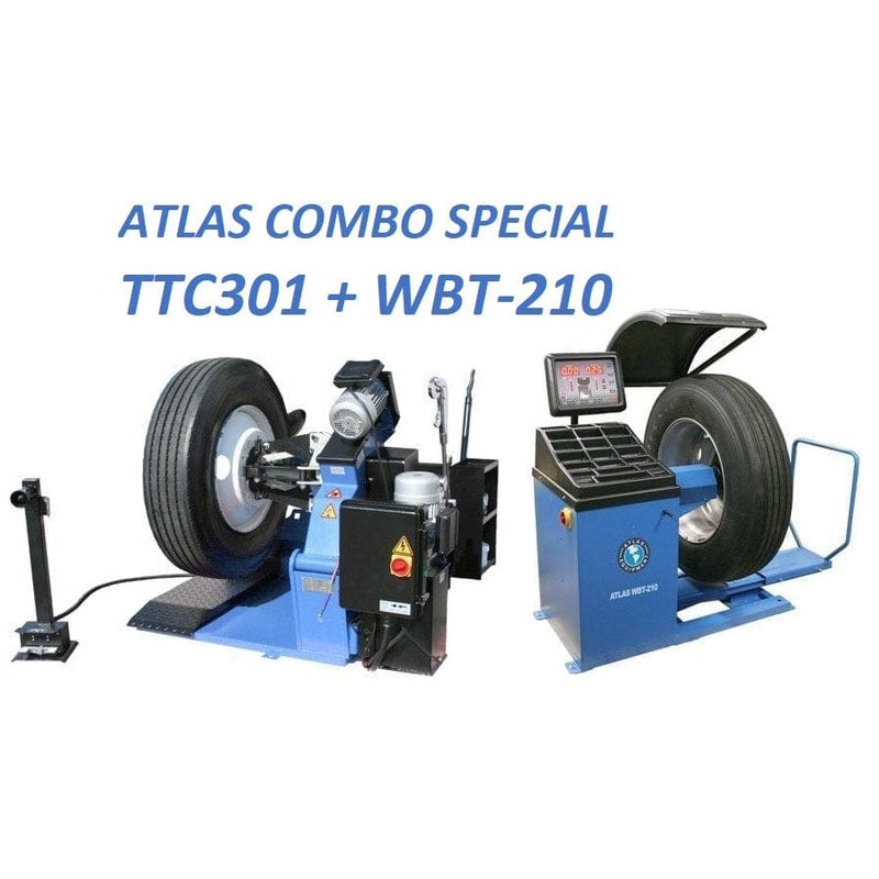 A full view of the Atlas TC301 Truck Tire Changer and WBT-210 Wheel Balancer combo in a garage, showcasing both machines side-by-side with a tire mounted on the tire changer.
