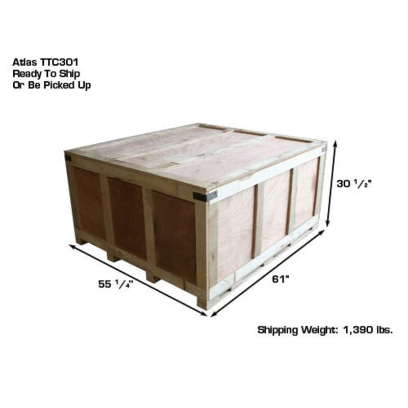 A shipping crate with measurements for the Atlas TTC301 Truck Tire Changer, showing dimensions of 55 1/4" x 81" x 30 1/2" and a shipping weight of 1,390 lbs.