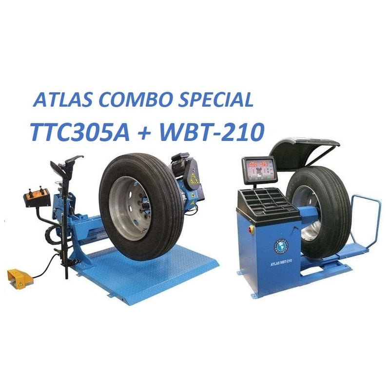 The full Atlas Combo Special, featuring the blue Atlas TTC305A truck tire changer and the blue WBT-210 wheel balancer side-by-side, each with a large tire mounted.