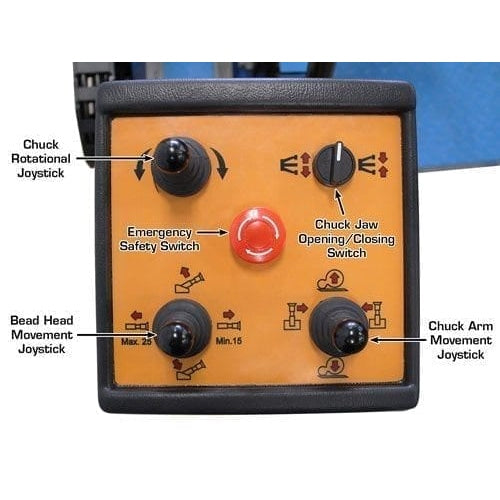 A close-up of the control panel for the Atlas TTC305A + WBT-210 Combo Package, with a chuck rotational joystick, emergency safety switch, bead head movement joystick, and a chuck arm joystick.